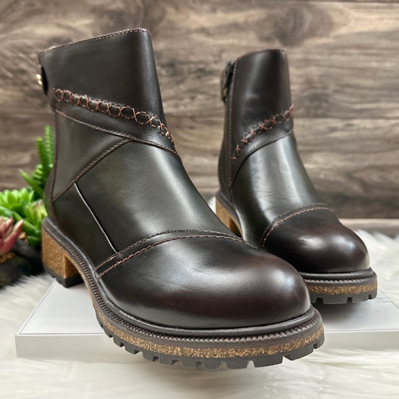 NIB Earth Elements Taylen Boot Bootie Lug Sole Patchwork Leather Walnut - Picture 5 of 14